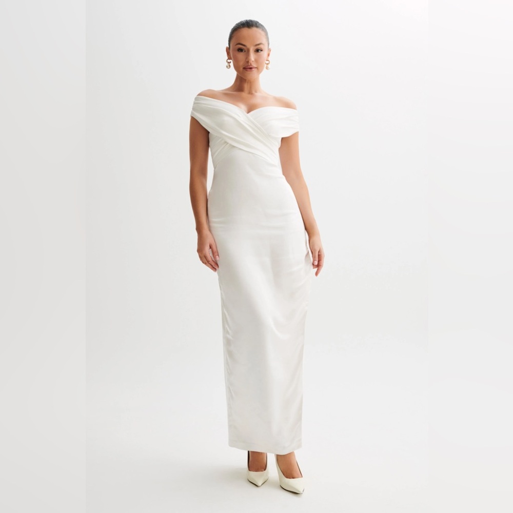 MESHKI Ivory Harley Off Shoulder Satin Maxi Dress